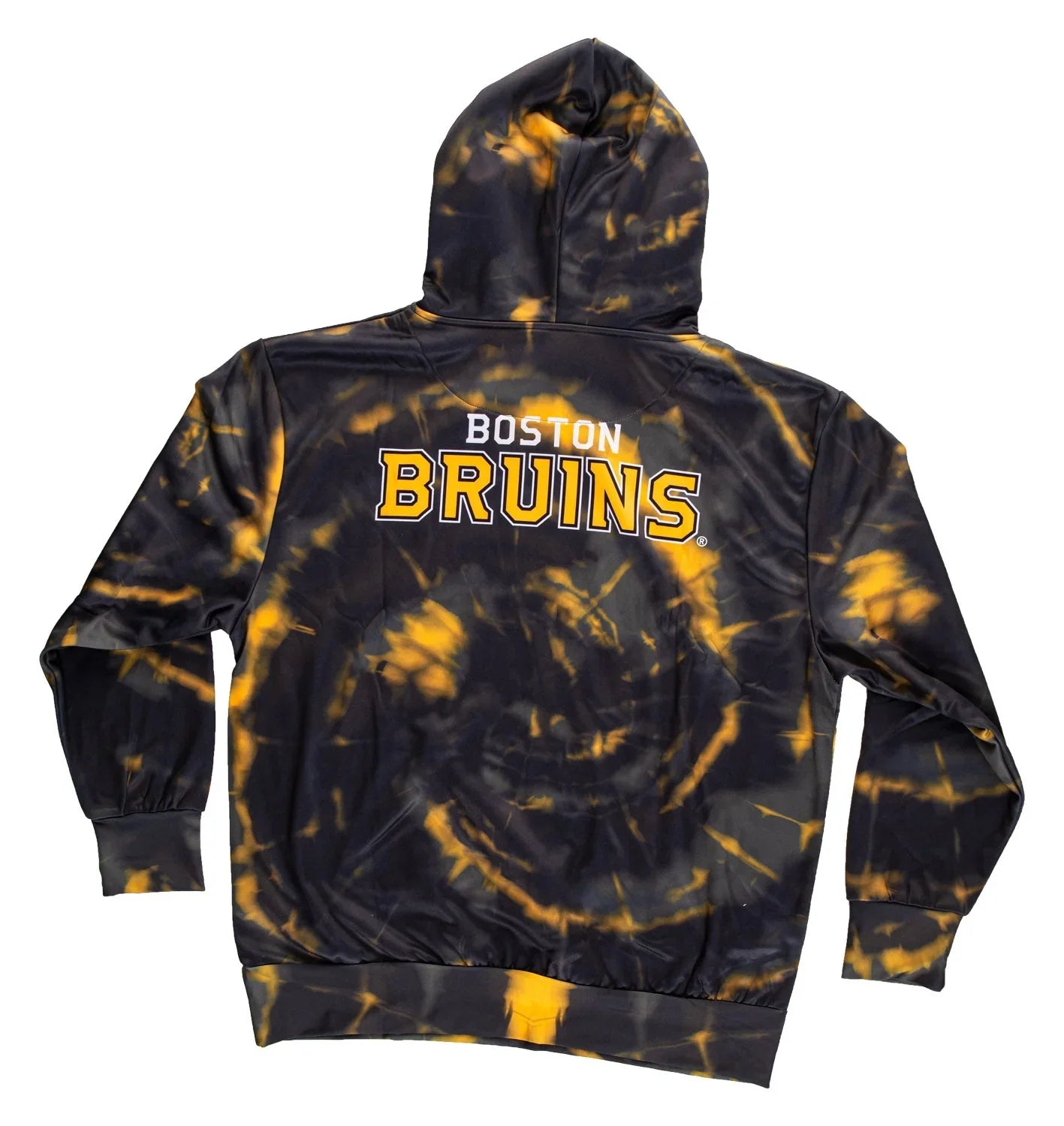 Boston Bruins black and gold tie-dye hoodie with team logo on back