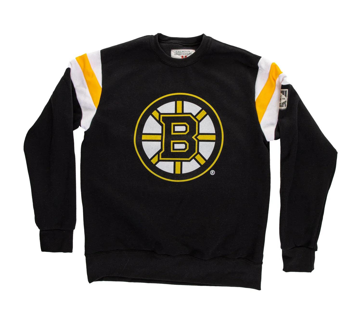Black Boston Bruins sweatshirt with large team logo and yellow white sleeve stripes