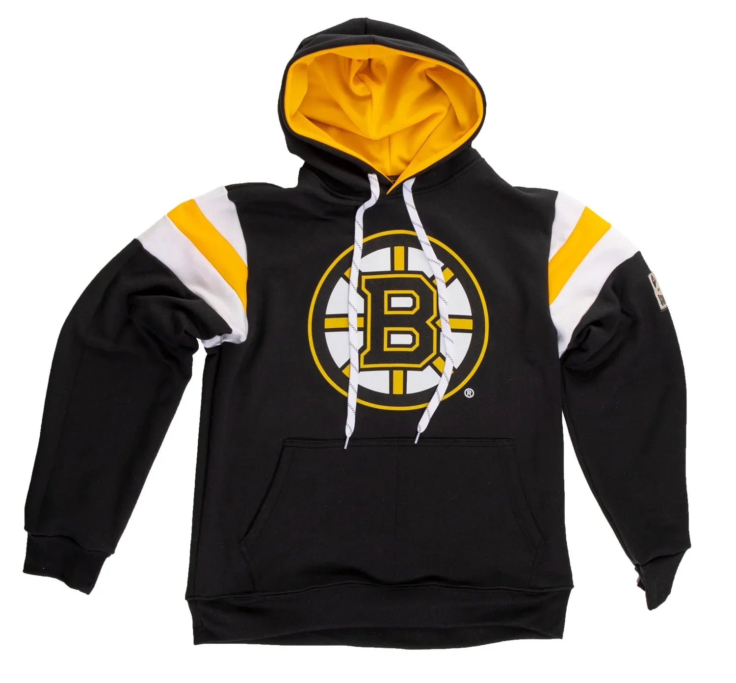 Black Boston Bruins hoodie with yellow and white sleeve stripes and team logo on front
