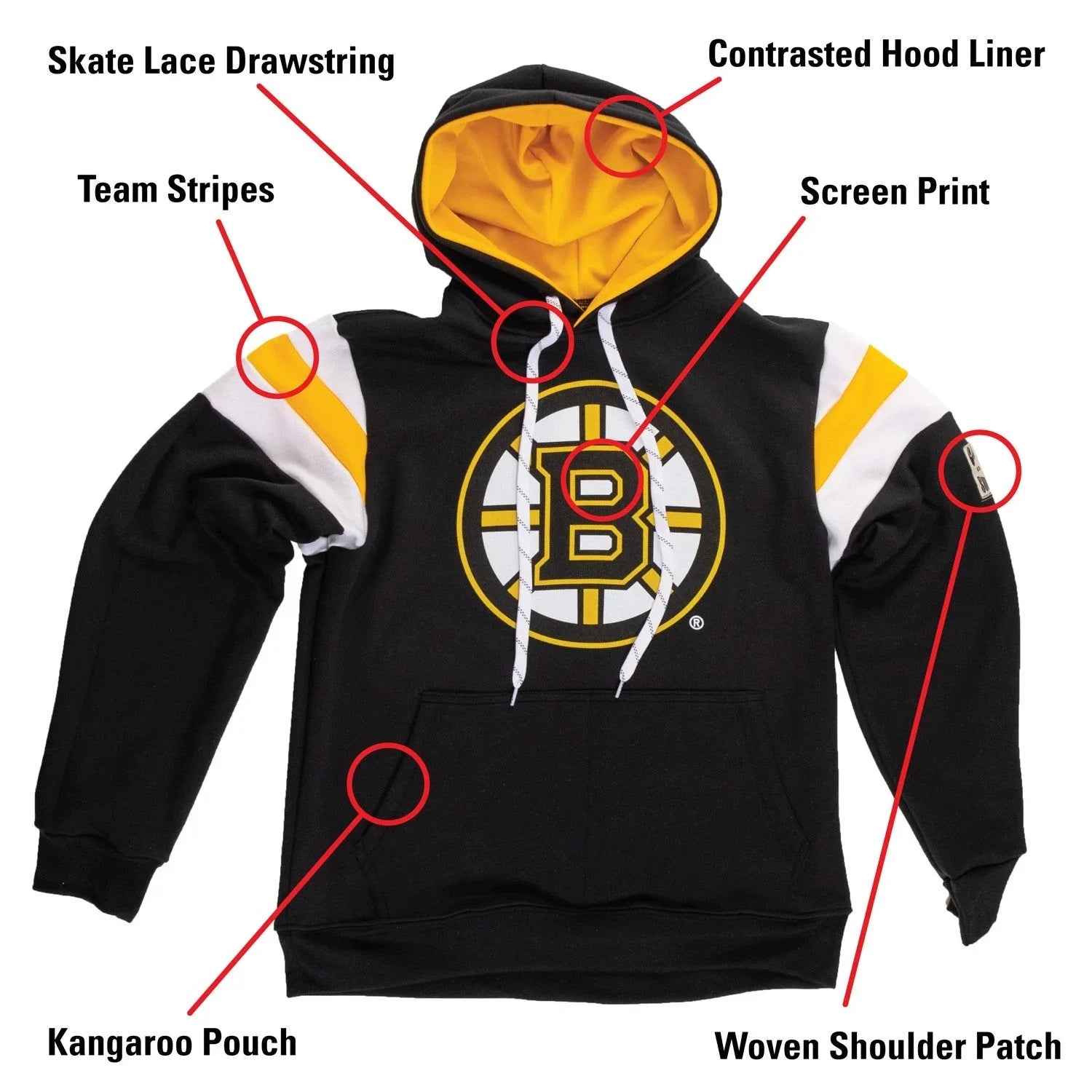 Boston Bruins black hoodie with yellow hood liner, team stripes, kangaroo pouch, and logo screen print