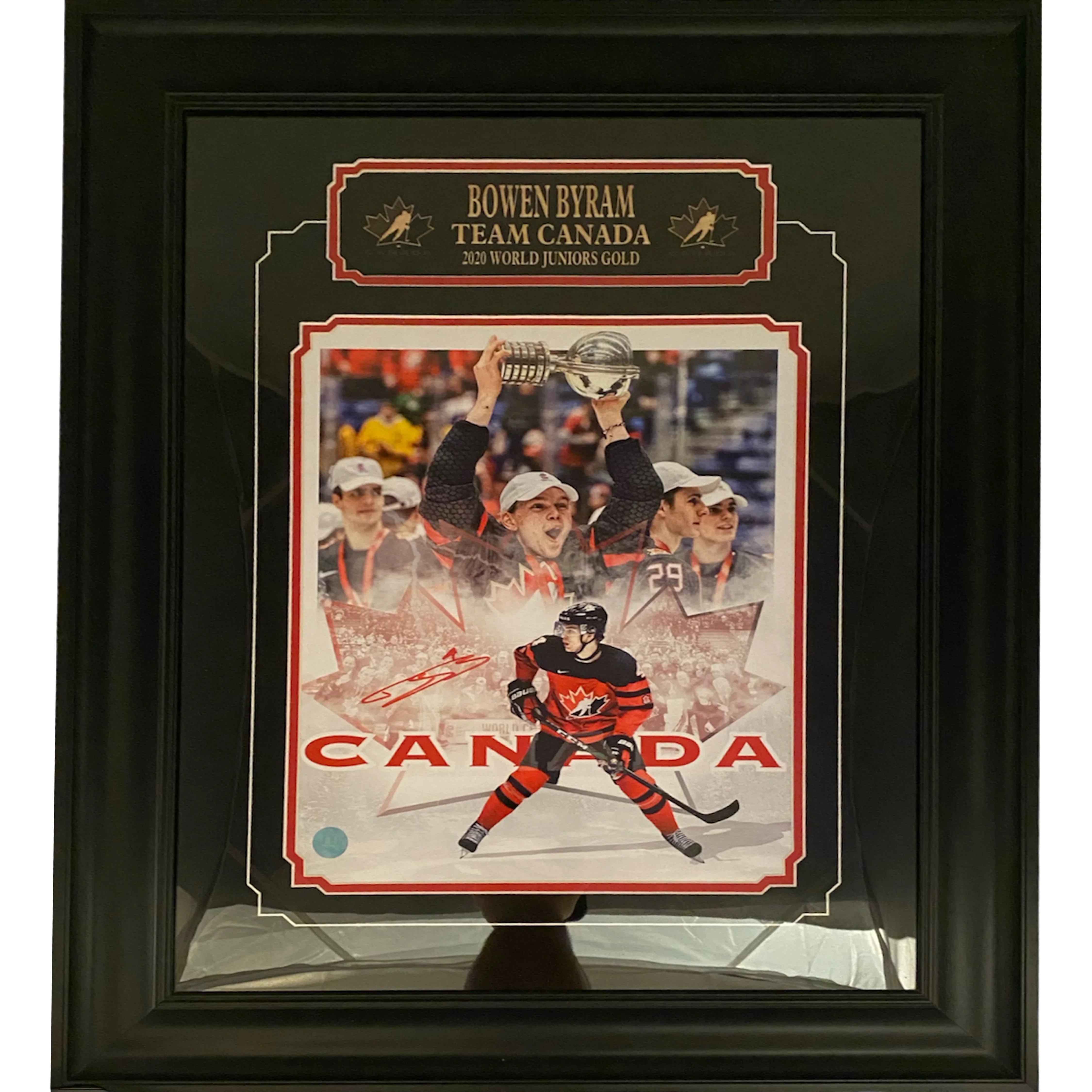 Framed Bowen Byram Team Canada 2020 World Juniors gold memorabilia with hockey player photo