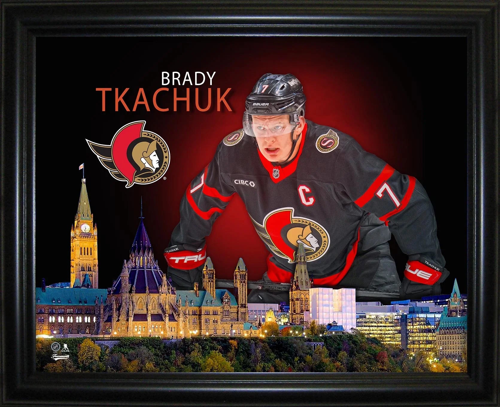 Ottawa Senators hockey player in black jersey with Parliament Hill and team logo background
