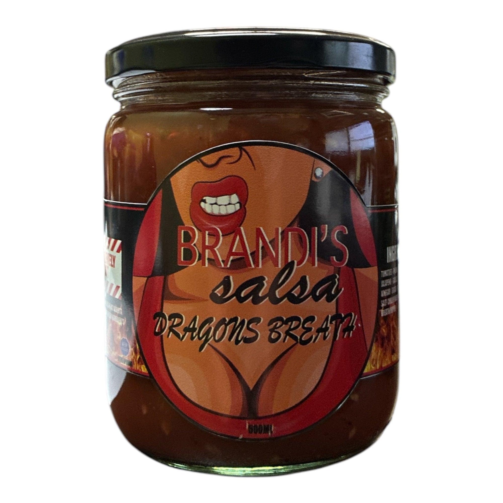Brandi's Salsa Dragons Breath hot salsa jar with bold label and cartoon illustration
