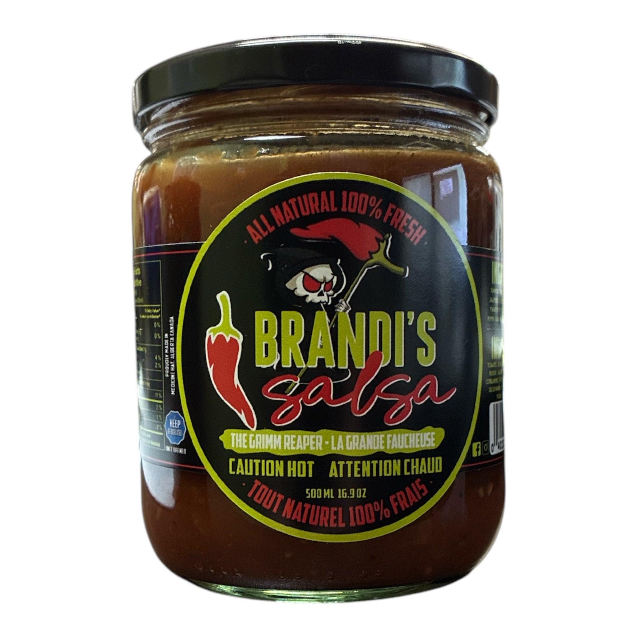 Brandi's Salsa The Grimm Reaper jar, all natural hot salsa with chili pepper and skull label