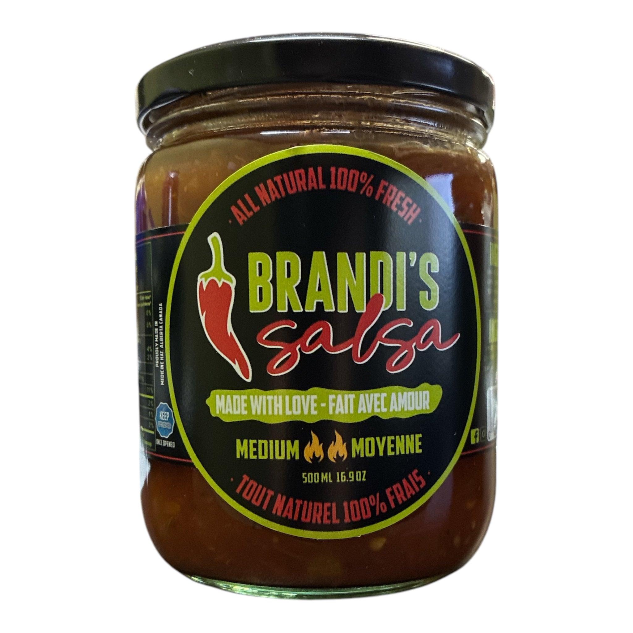 Brandi's Salsa medium jar, all natural, 500ml, black label with chili pepper graphic