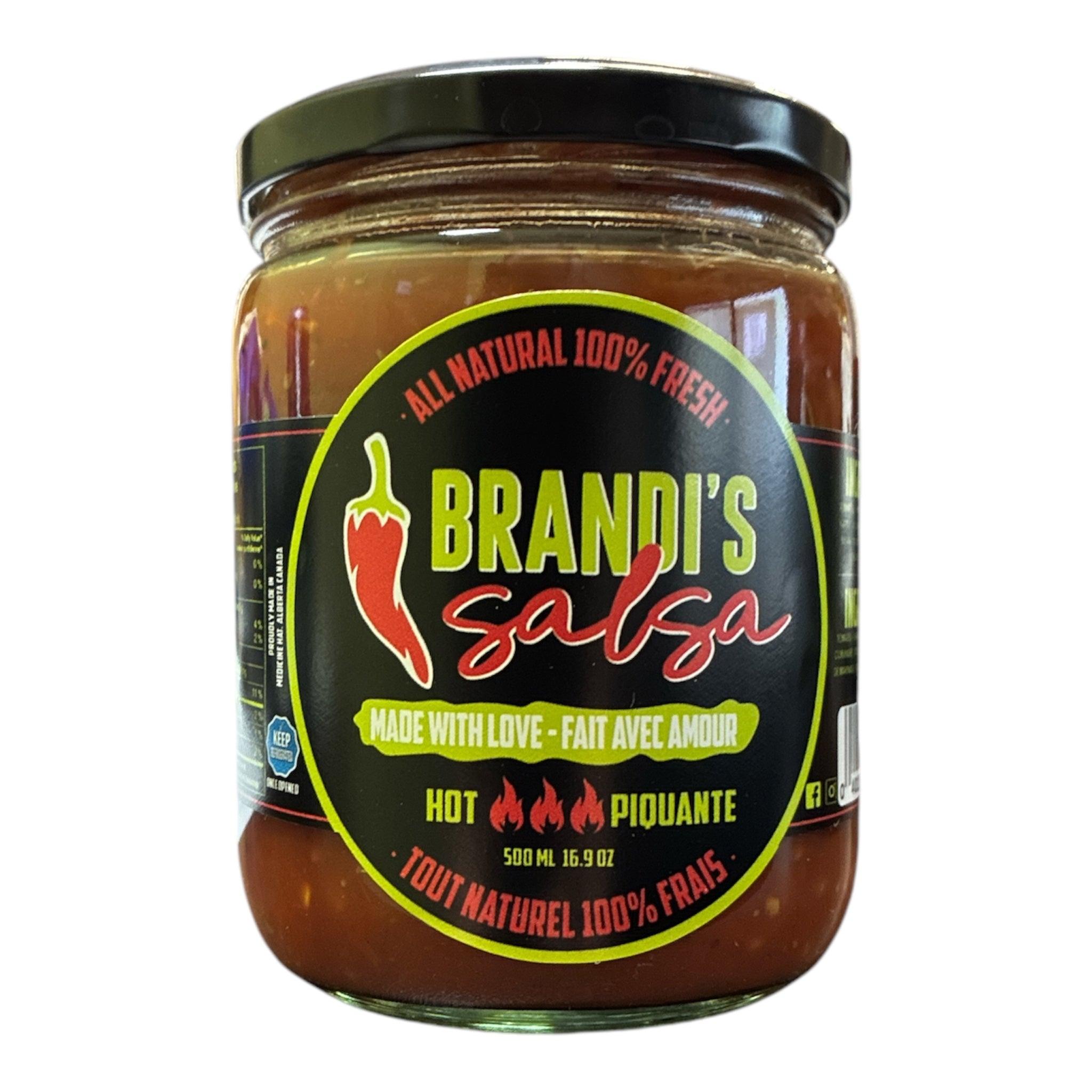 Brandi's Salsa hot piquante jar, all natural, 500ml, black label with chili pepper logo