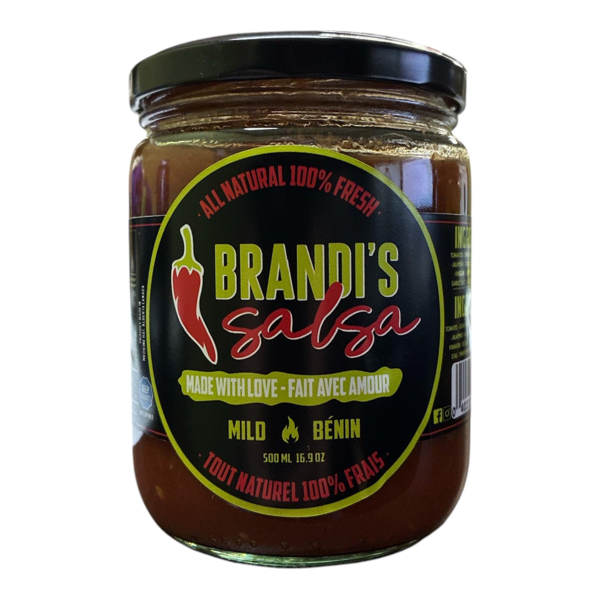 Brandi's Salsa mild in a glass jar, all natural fresh label, 500ml, black lid.