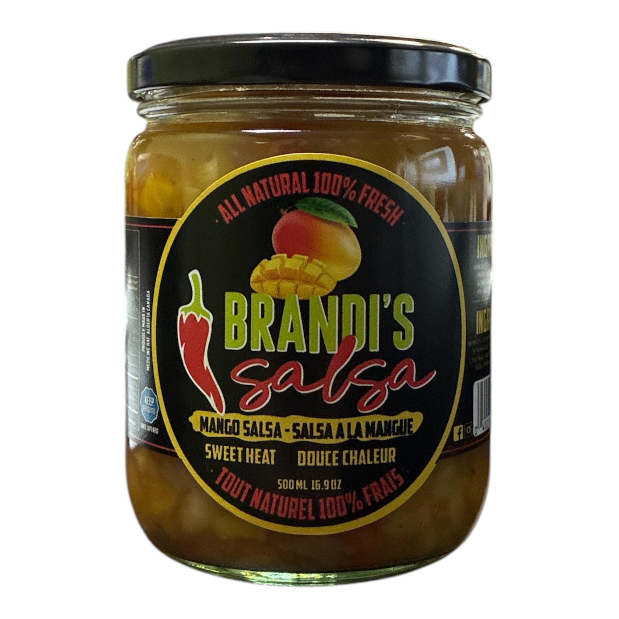 Brandi's Salsa mango salsa jar with sweet heat, all-natural label and chili pepper graphic