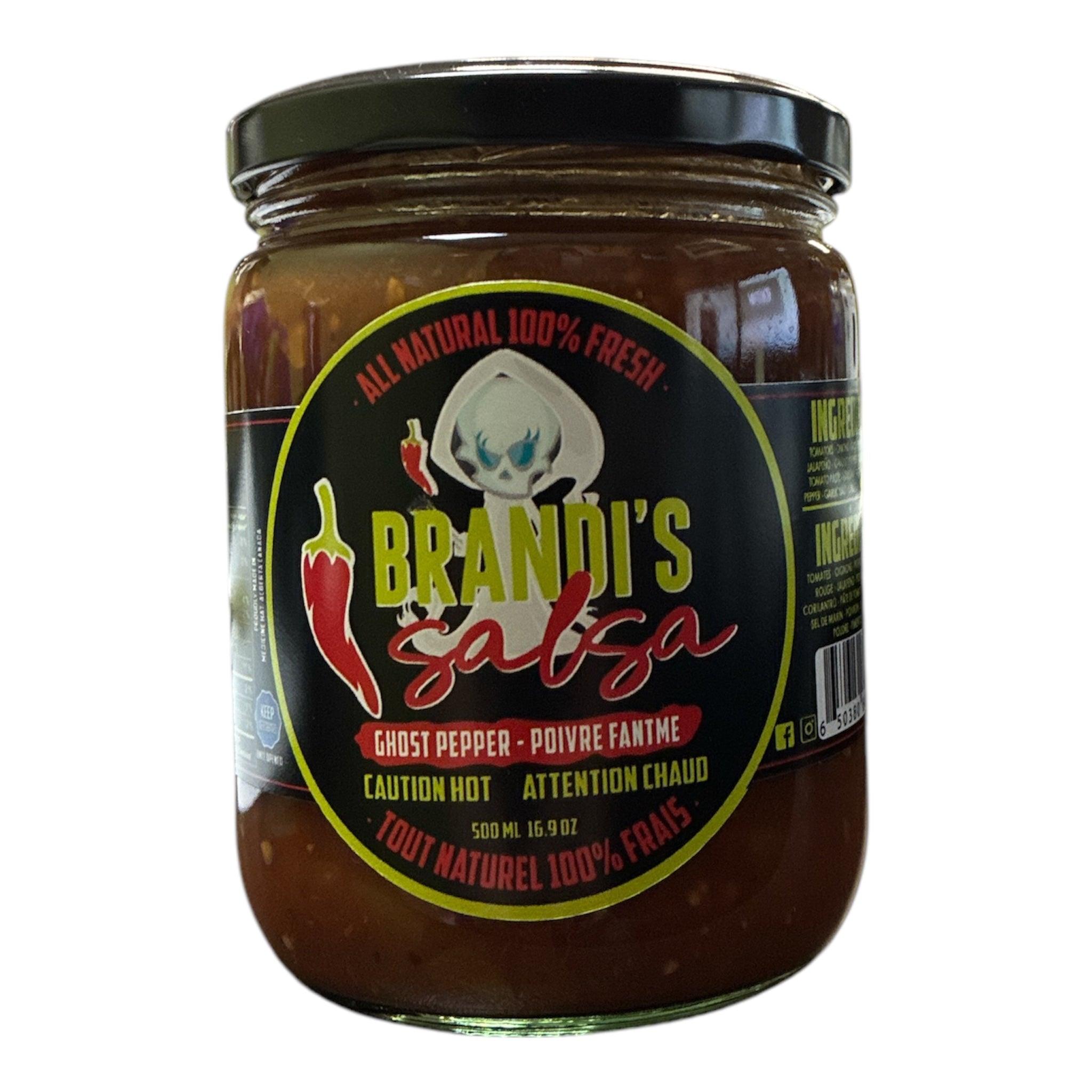 Brandi's Salsa Ghost Pepper jar, all natural hot salsa, black label with cartoon ghost.
