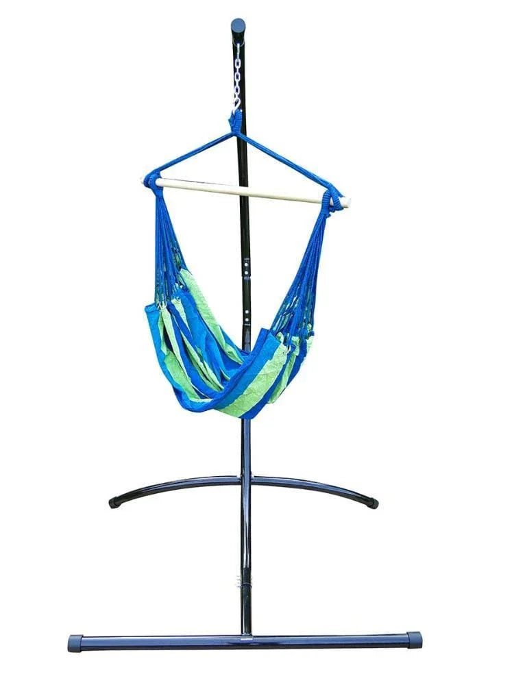 Blue and green Brazilian hammock chair with metal stand on white background