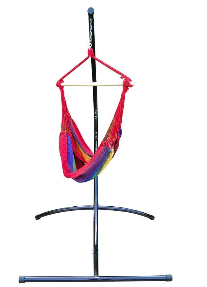 Brazilian hammock chair with colorful fabric on a black metal stand