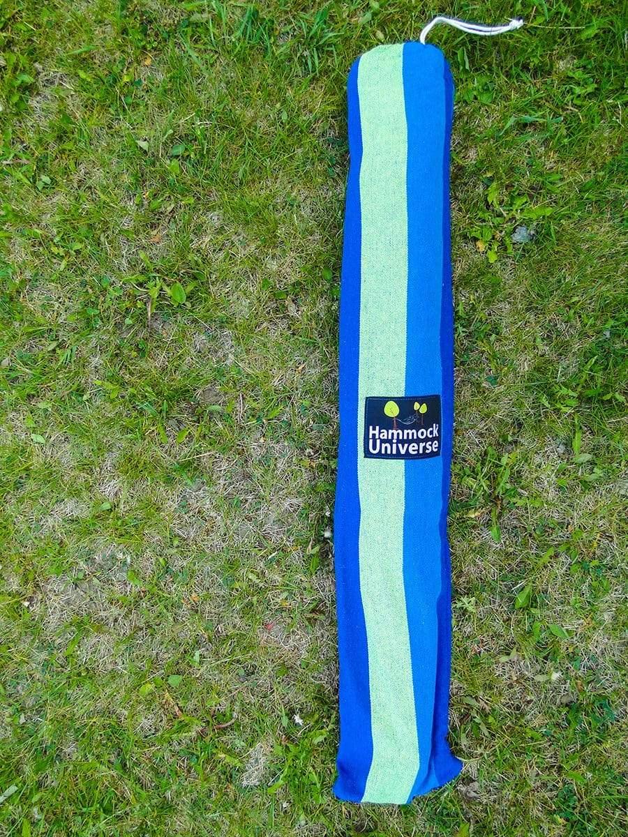 Hammock Universe Brazilian Hammock Chair in blue and green carry bag on grass