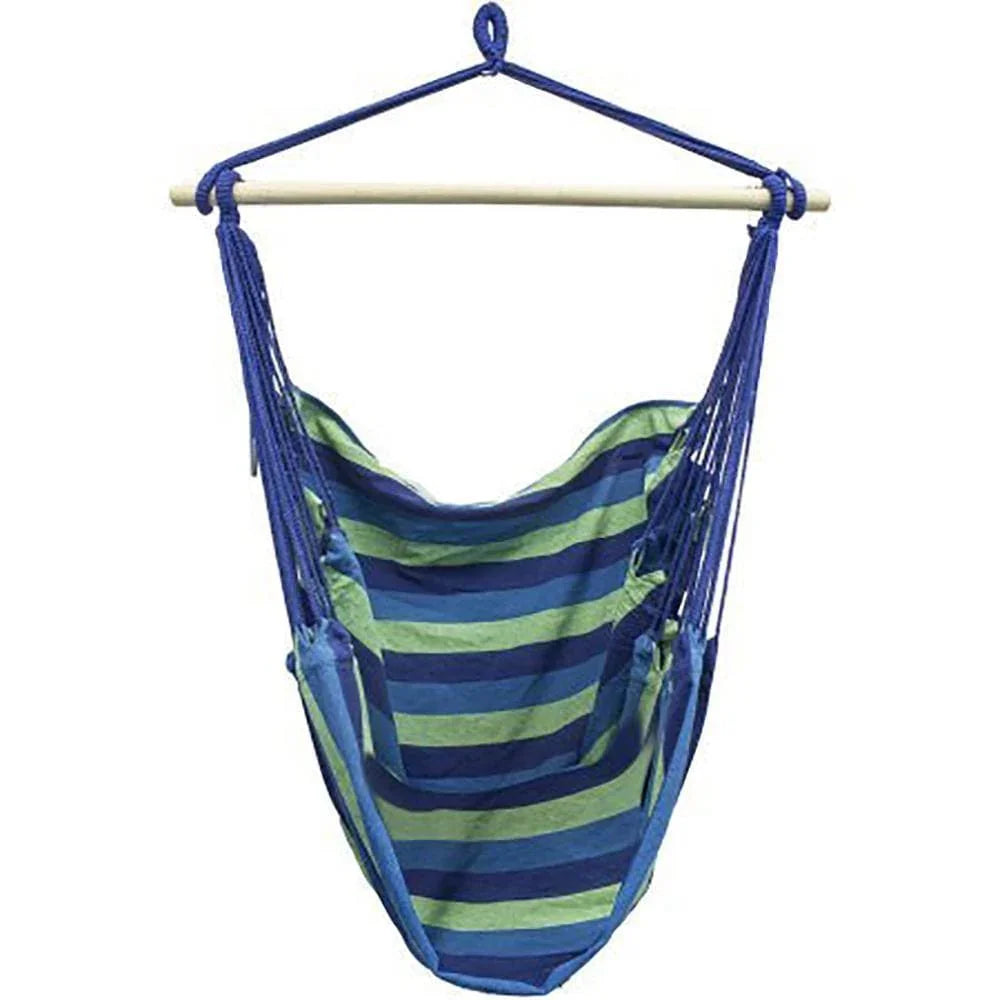 Blue and green striped Brazilian hammock chair hanging from a wooden bar