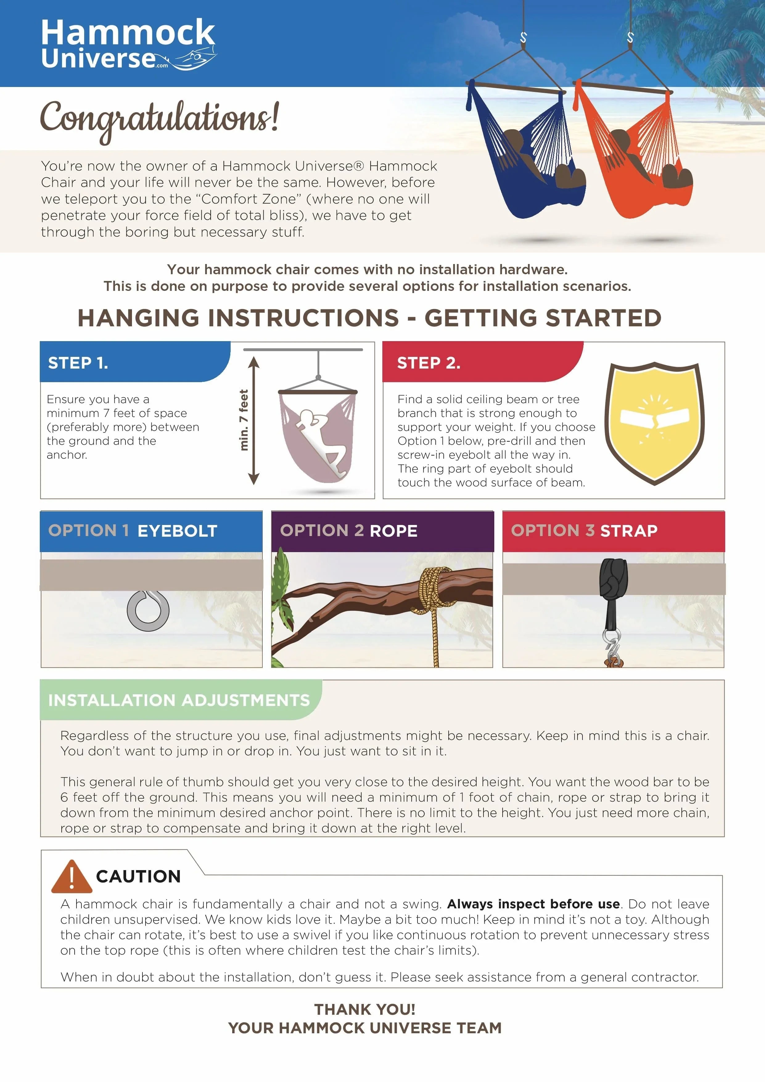 Hammock Universe hammock chair hanging instructions with step-by-step setup guide and illustrations.