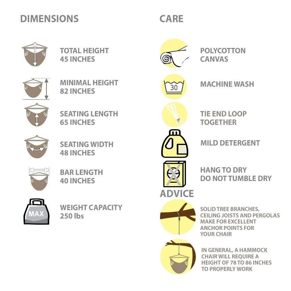 Brazilian hammock chair dimensions, care instructions, and anchor advice infographic