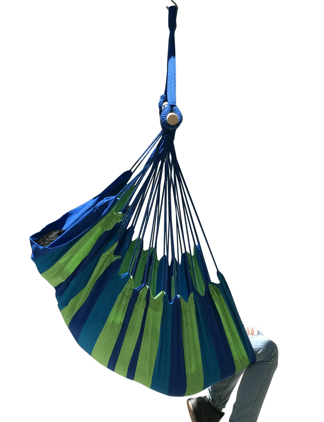 Blue and green striped Brazilian hammock chair with wooden spreader bar and person sitting