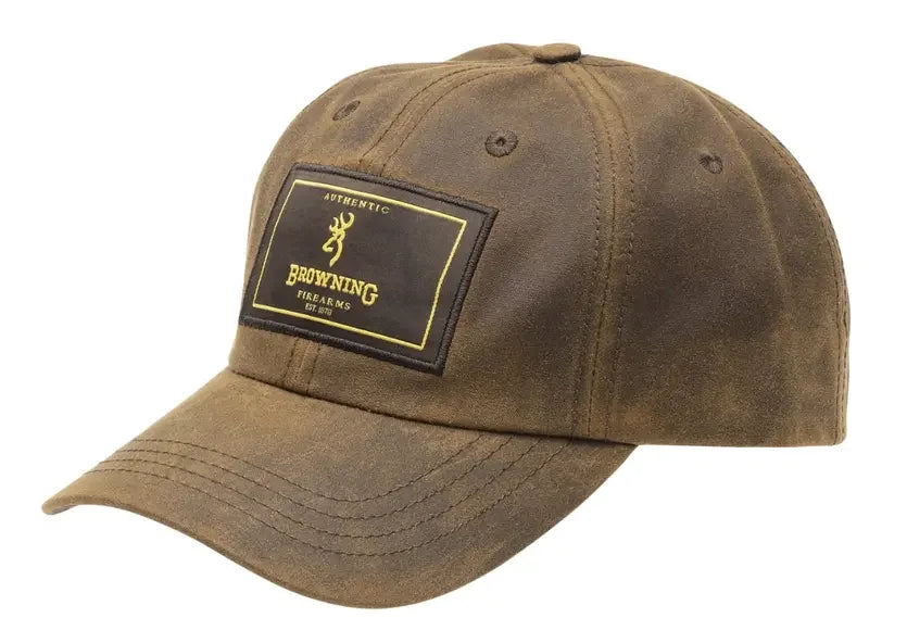 Brown waxed casual cap with Browning Firearms patch, vintage outdoor hat