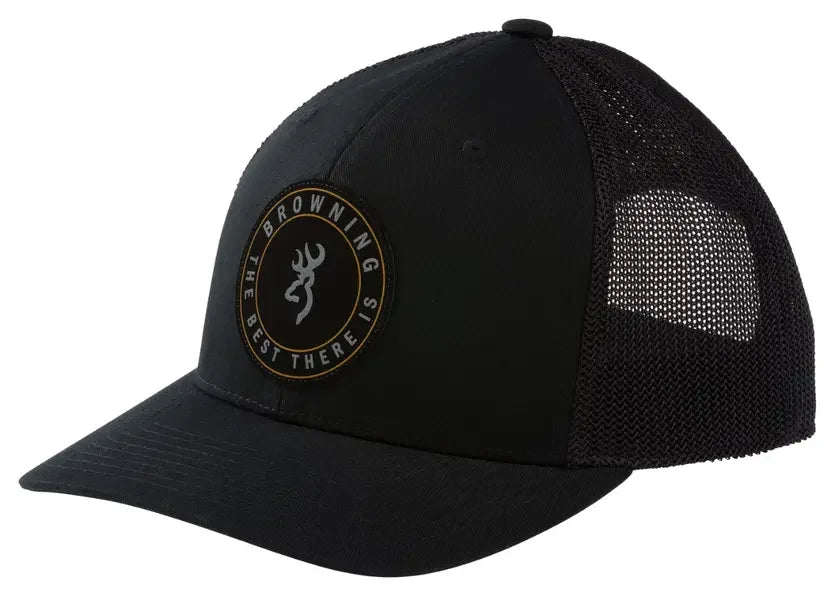 Black Browning mesh trucker cap with front logo patch, hunting apparel accessory
