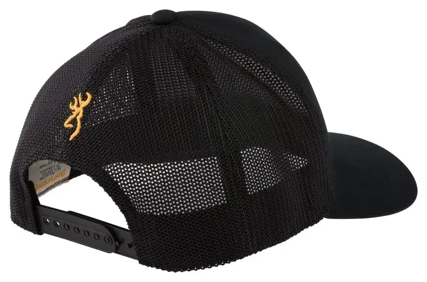 Black mesh trucker cap with yellow deer logo and adjustable snapback