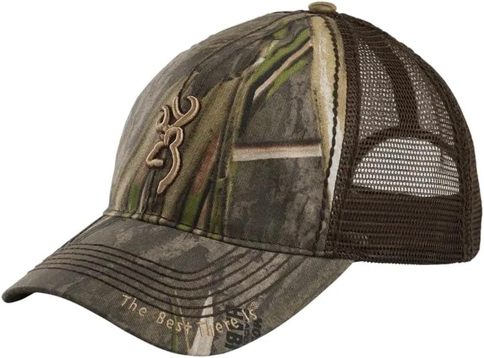Camo mesh trucker cap with Browning logo and 'The Best There Is' on the brim