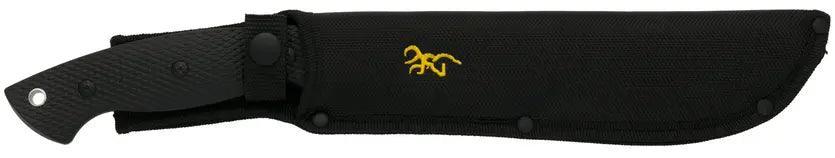 Browning Bush Craft camp knife in black sheath with yellow Browning deer logo