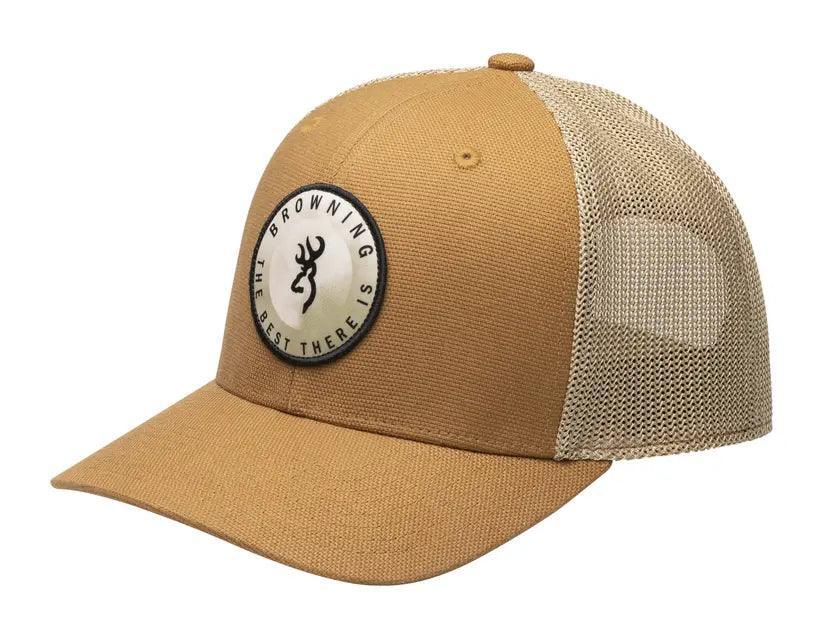 Browning Fairfield tan mesh trucker cap with front logo patch on white background