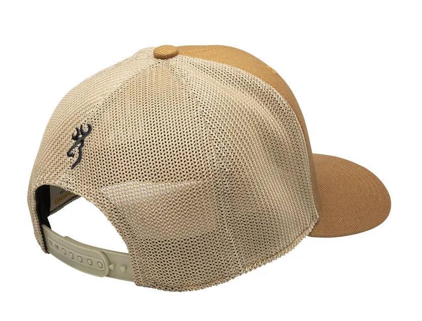 Browning Fairfield tan mesh snapback cap with embroidered deer logo on back