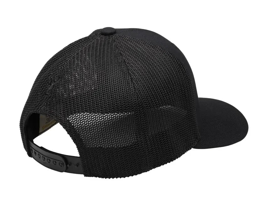 Black mesh trucker cap with adjustable snapback closure, rear view