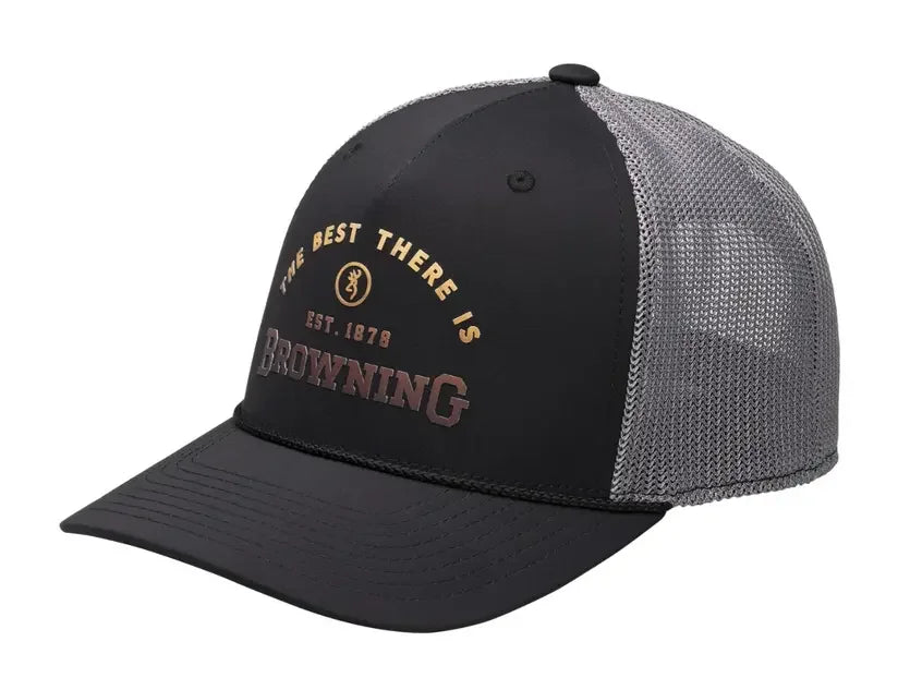 Black Browning trucker cap with mesh back and embroidered logo, front text 'The Best There Is'