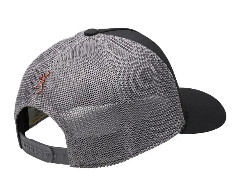 Black casual cap with gray mesh back and brown embroidered logo, snapback closure