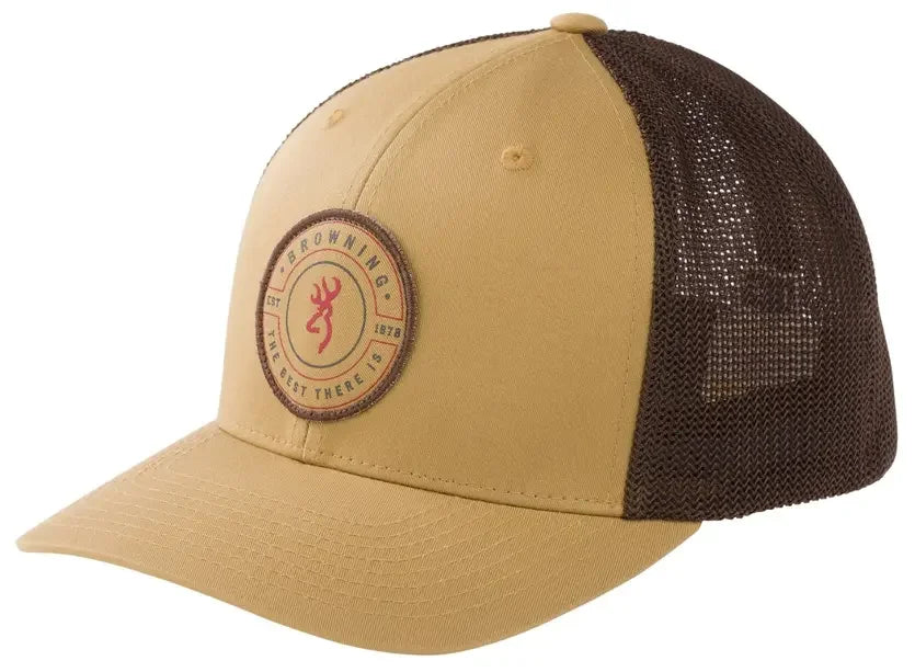 Tan and brown mesh trucker cap with Browning logo and circular patch on front