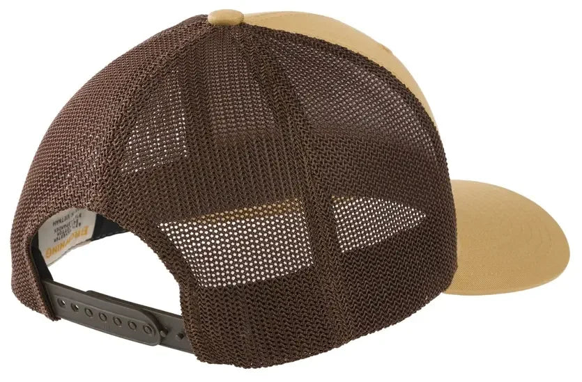 Tan and brown mesh trucker cap with adjustable snapback closure, rear view