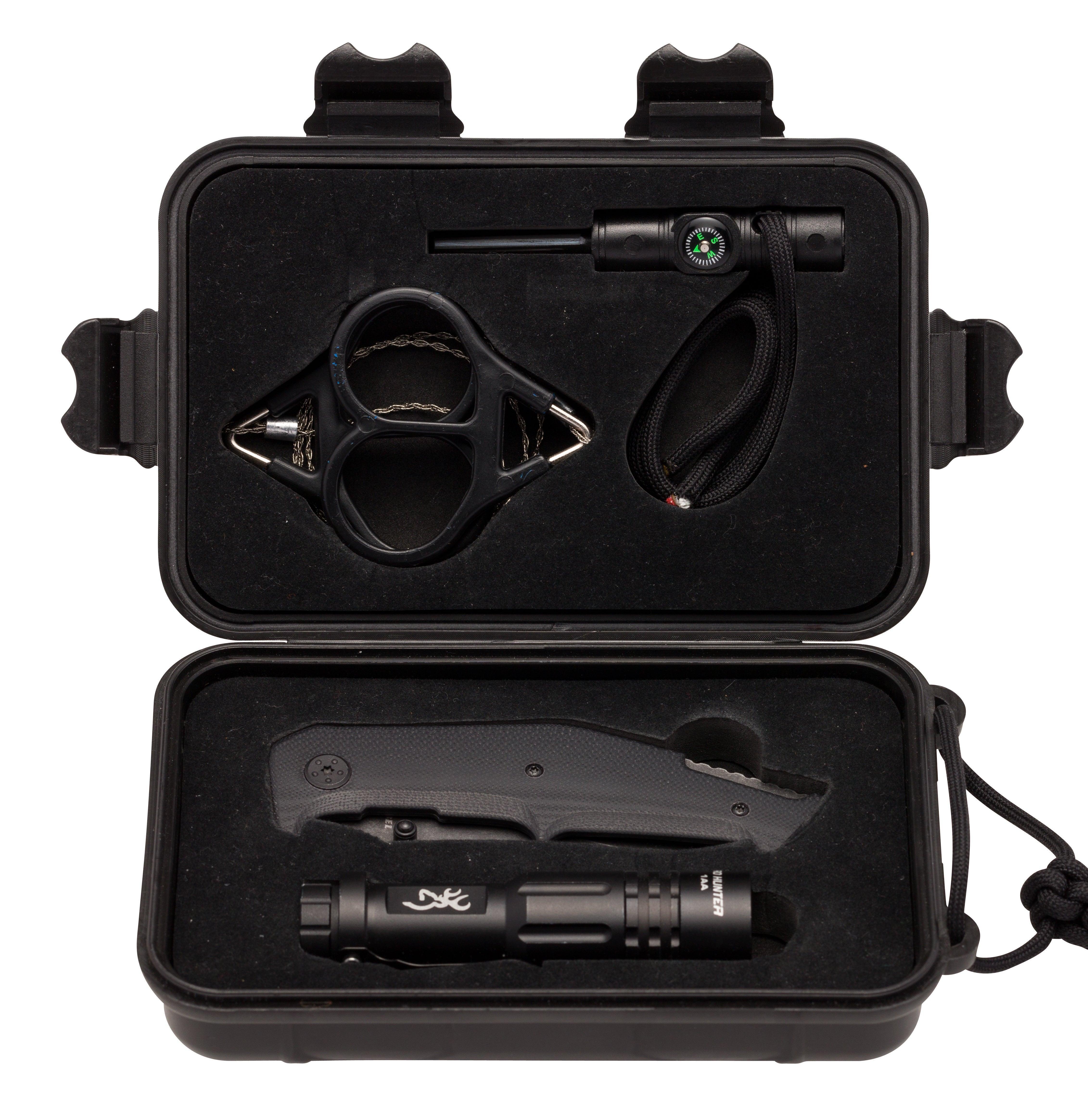 Browning outdoorsman survival kit with knife, flashlight, multi-tool, and fire starter in black case