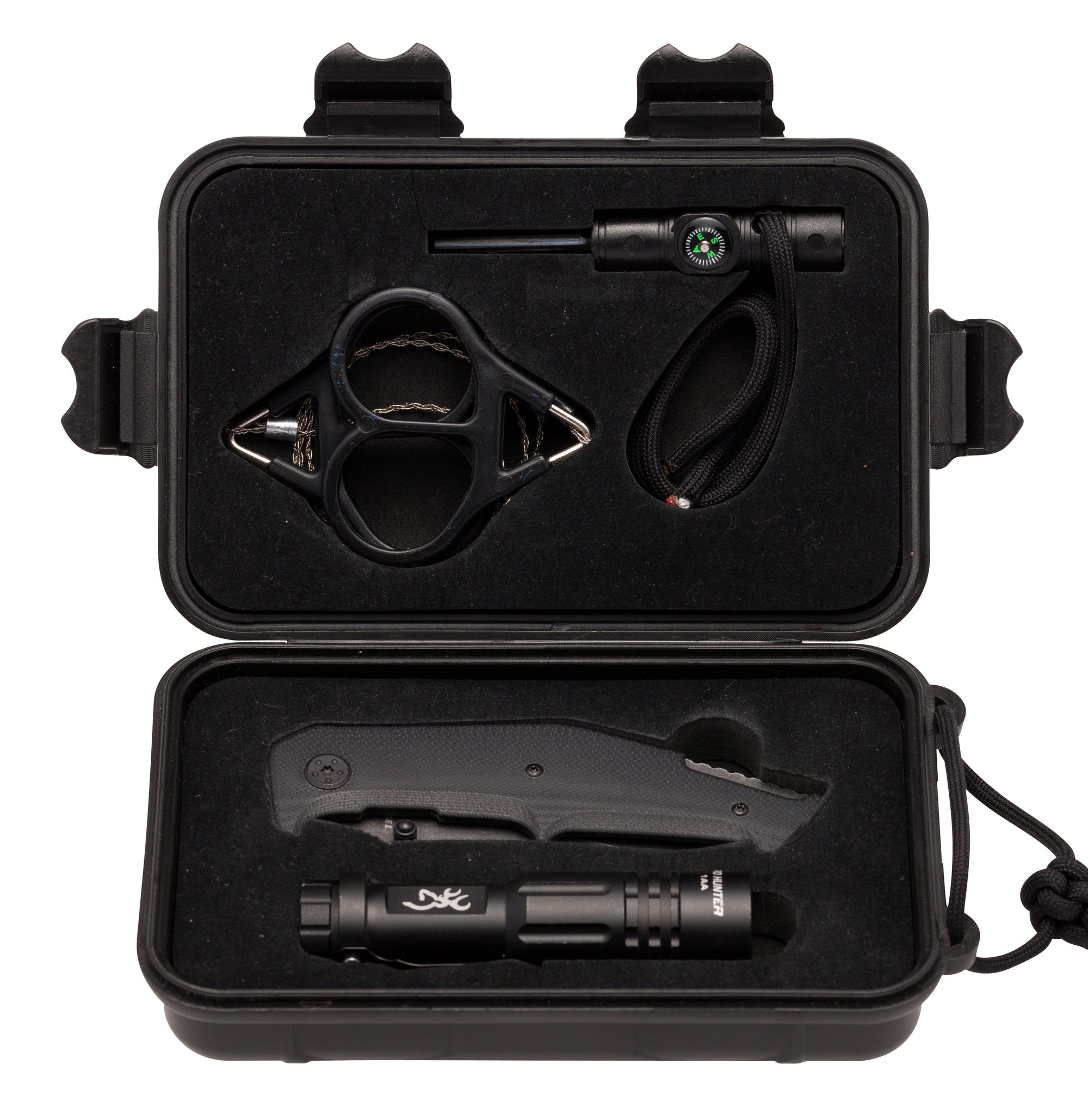 Browning outdoorsman survival kit with knife, flashlight, multi-tool, and fire starter in black case