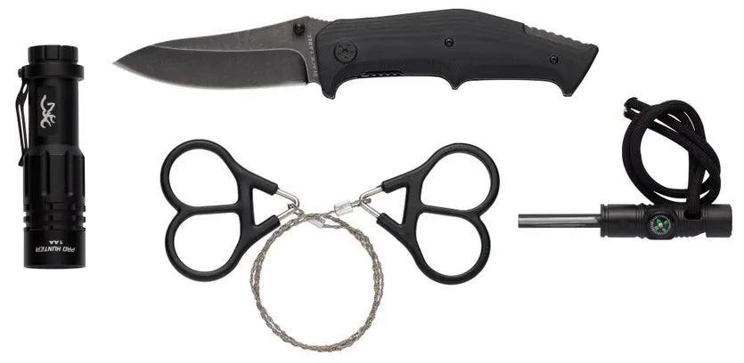Browning Outdoorsman survival kit with knife, flashlight, wire saw, and fire starter