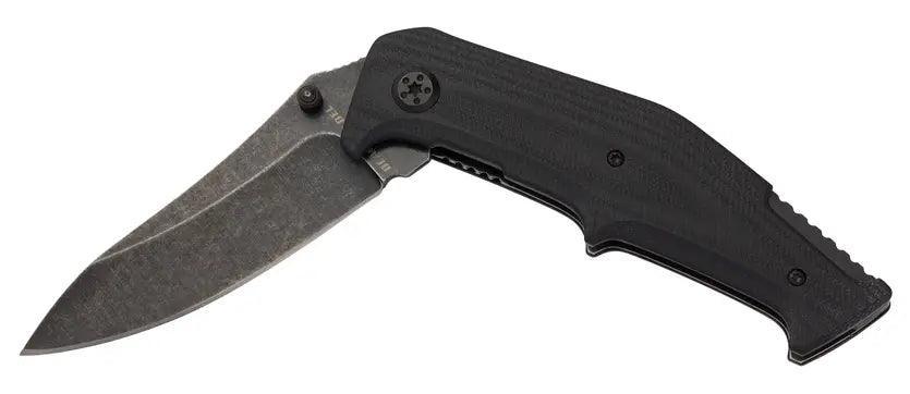 Black folding survival knife with textured handle and stonewashed blade for outdoor use