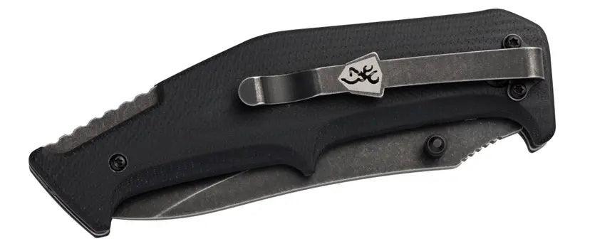 Browning folding pocket knife with black handle and metal clip, survival gear.