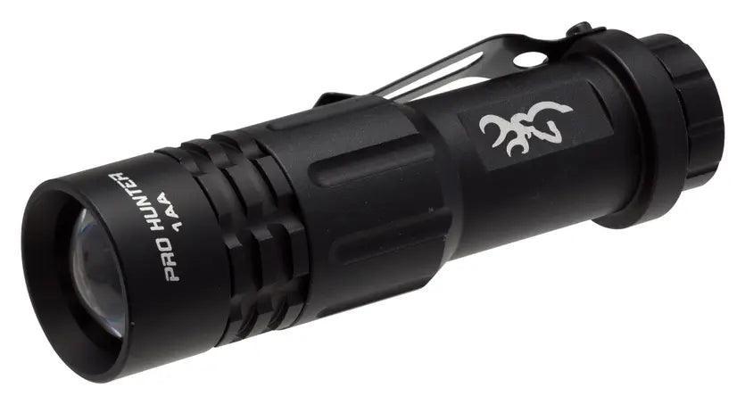 Browning Pro Hunter 1AA black tactical flashlight with belt clip, outdoors gear