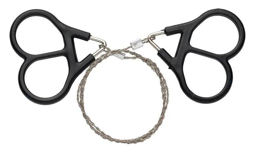 Browning Outdoorsman wire survival saw with black finger grip handles on white background.