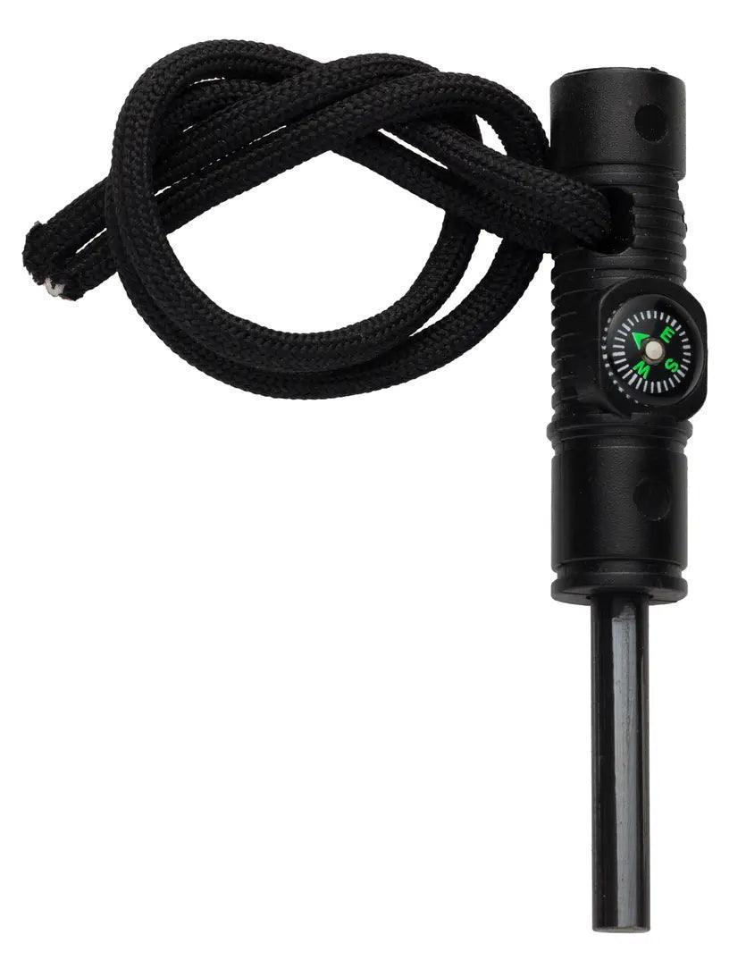Black survival fire starter with wrist cord and built-in compass, outdoor gear