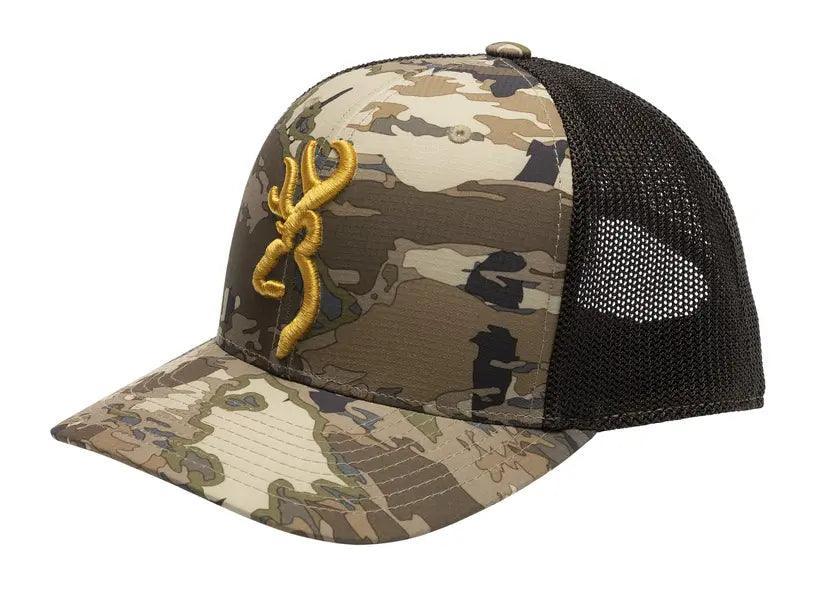 Browning Pahvant Pro camo mesh cap with yellow embroidered logo, outdoor hat