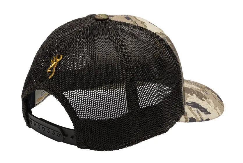 Browning Pahvant Pro camo cap with black mesh back and gold deer logo