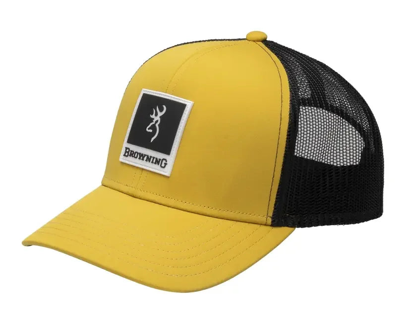 Mustard yellow Browning trucker cap with black mesh and front logo patch
