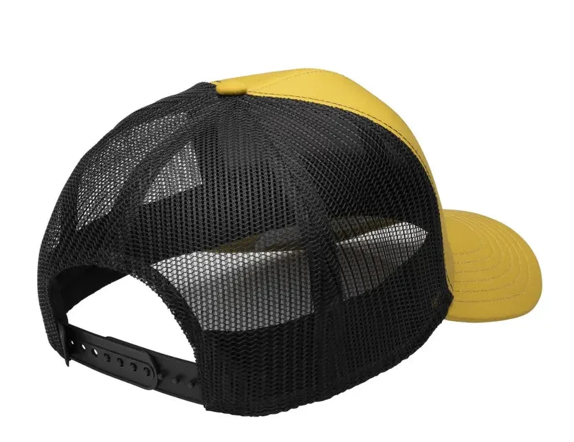 Mustard yellow baseball cap with black mesh back and adjustable snap closure