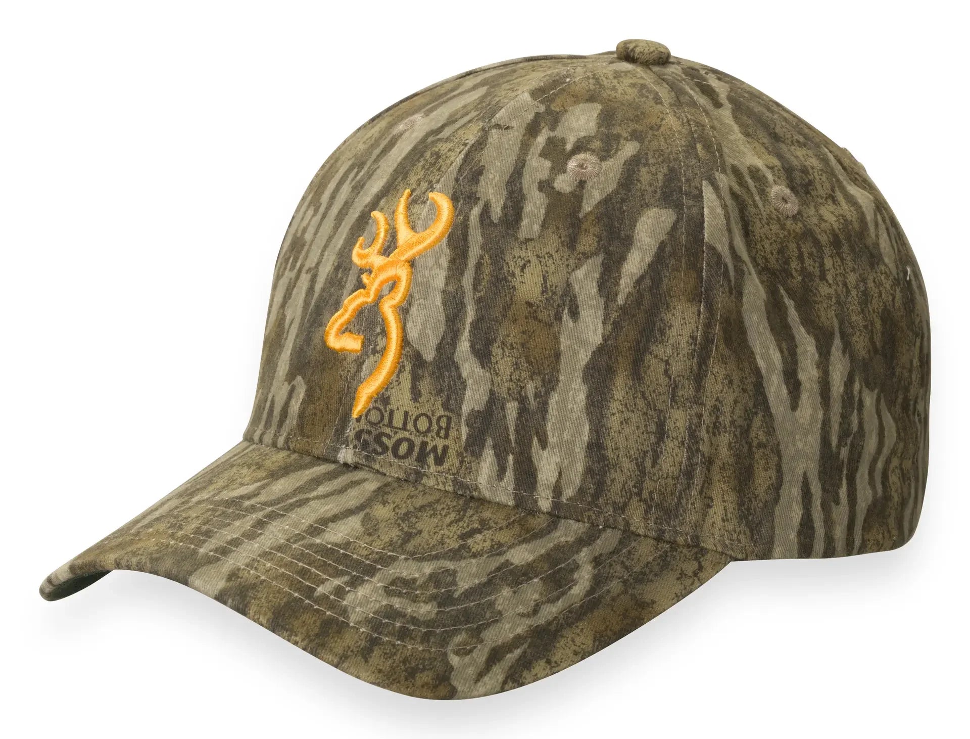 Camo baseball cap with orange deer logo and Mossy Oak embroidery