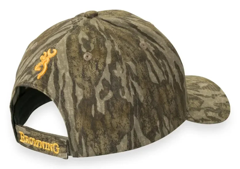 Browning camo baseball cap with yellow logo embroidery and adjustable strap