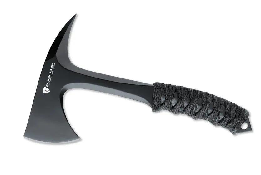 Browning Shock N Awe tomahawk with black paracord-wrapped handle on white background