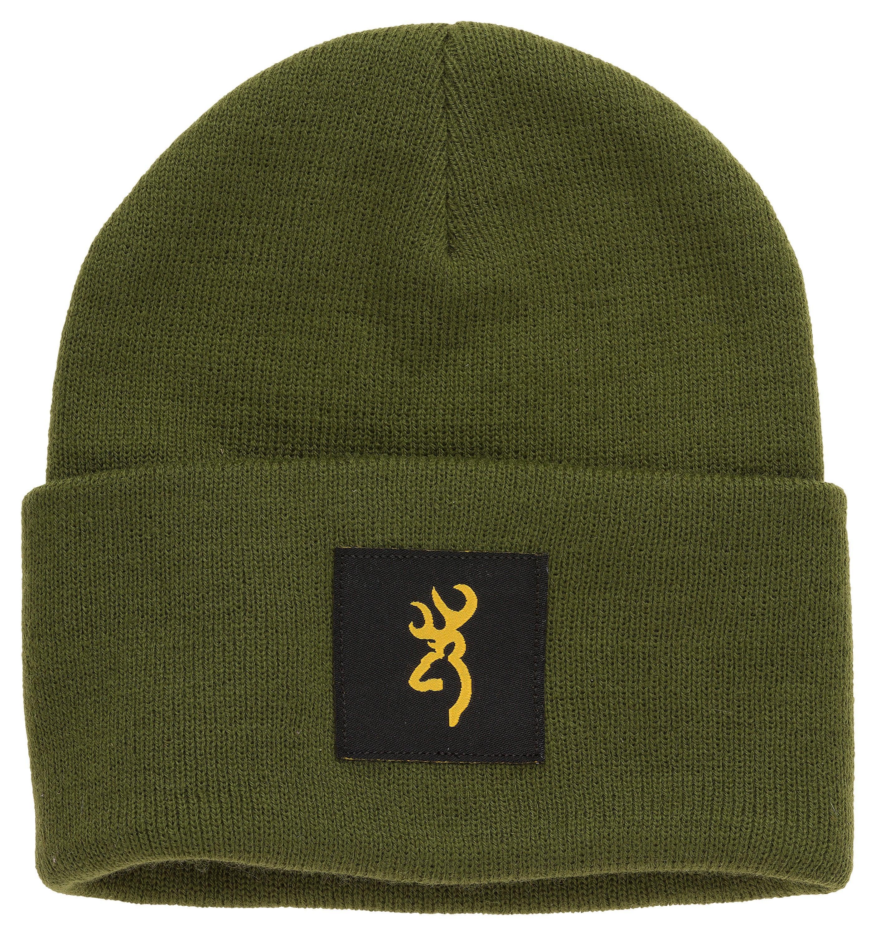 Olive green Browning beanie with yellow deer logo patch on front