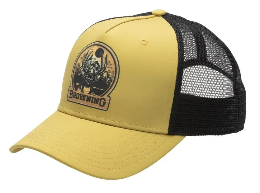 Mustard yellow Browning casual cap with black mesh back and deer logo front