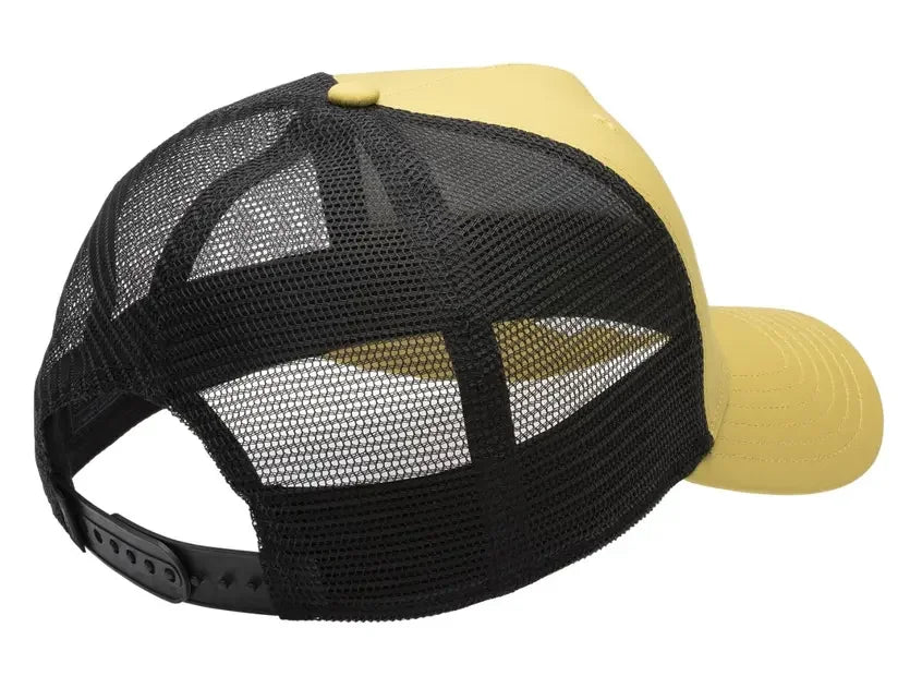Mustard yellow casual cap with black mesh back and adjustable snap closure